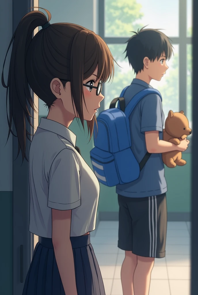 A woman wearing a school skirt, a school shirt with a waistband, a ponytail, and glasses, peeking at a man wearing black and white striped gym pants, a blue shirt, a blue backpack, and a chimmy doll hanging.