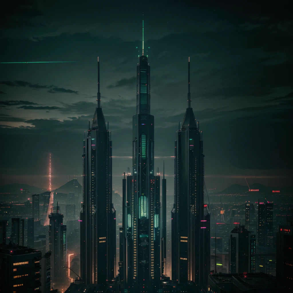  a city sector 7 from final fantasy 7 game with so many engine and one iron tower that was a core of city at night. cyberpunk, dark tone, dark green neon, smoke, 35mm f/2.8. in the style of pixle art