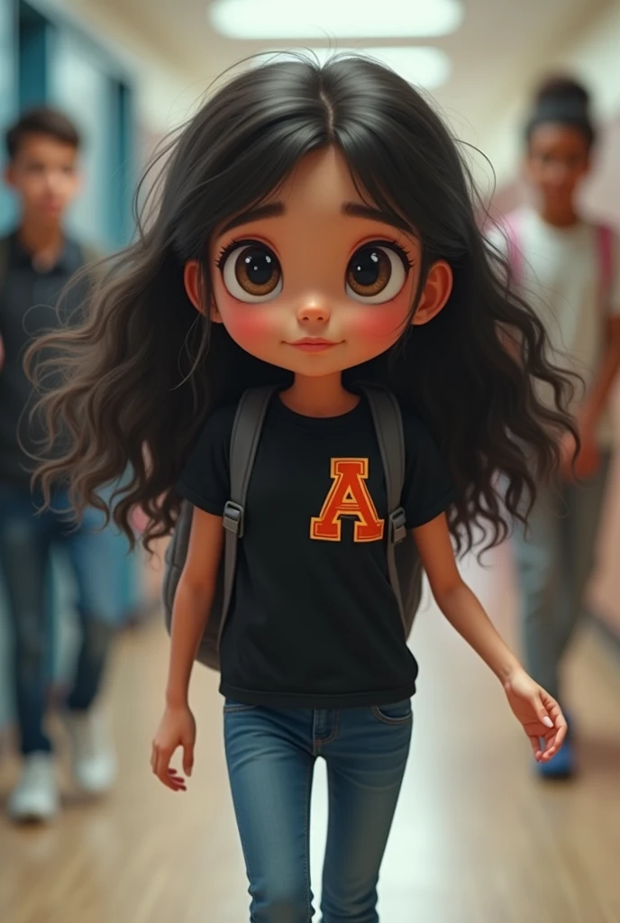 I am a high school student and I want you to make me a picture where you describe a week of school that is fun because I see my friends but stressful and tired because of work.. (make a girl , with big eyes, black hair, Brown eyes, bushy eyebrows,Black t-shirt with an orange capital letter A logo in the upper left corner of the shirt, May it be a real person, jeans and white tennis shoes