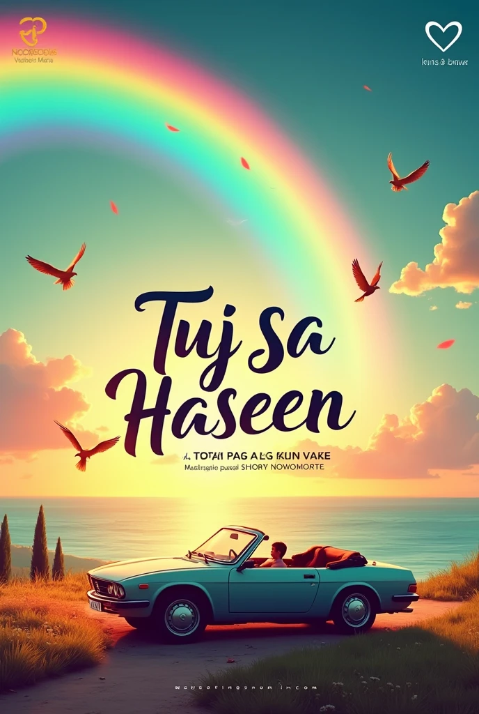 Make a romantic song poster with a beautiful background that has open car and rainbow in the sky and 4 birds in the sky and write the song name in the center with beautiful typography don't song name is TUJ SA HASEEN
Write coming soon with beautiful font and beautiful typography
And add a sea view