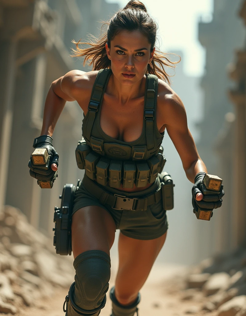 (Photorealism:1.2), sexy woman soldier, A soldier running with a square cartridge in each hand.