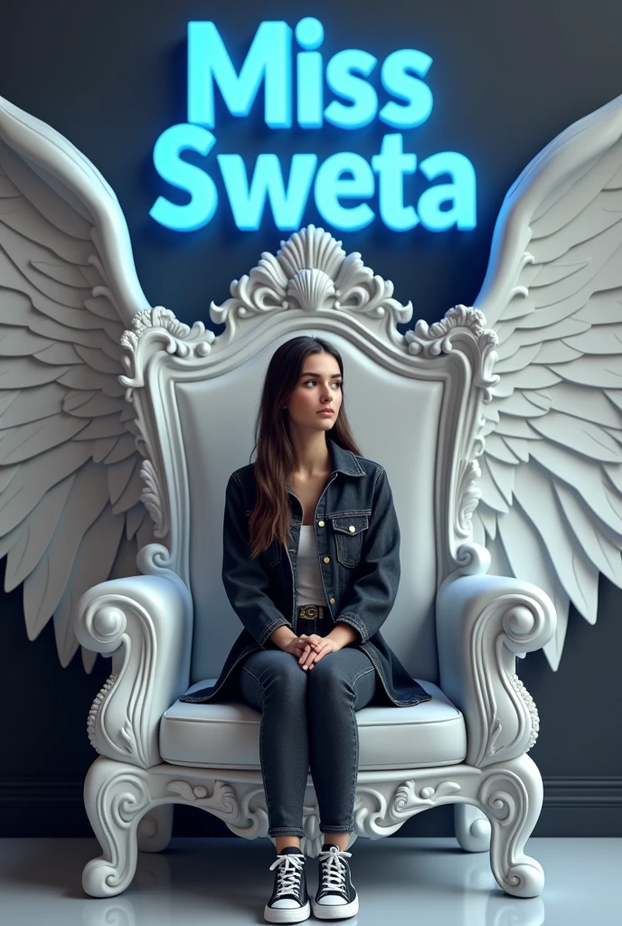 Create a 3D illustration for a profile picture where a smart girl in a black denim sitting casually on a King of Beasts Throne big and white chair. Wearing sneakersm He looks left side. The Background features “miss sweta ” in big and small letters blue neon light fonts on the dark grey wall. There should not be his shadow, and there are bigs wings in white to make it appear as