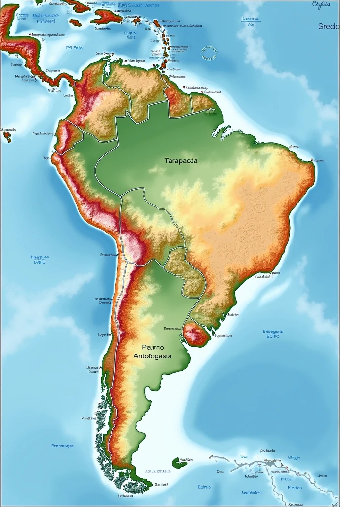 A map of South America with the borders of Chile, Peru and Bolivia. The areas of Antofagasta and Tarapacá stand out.