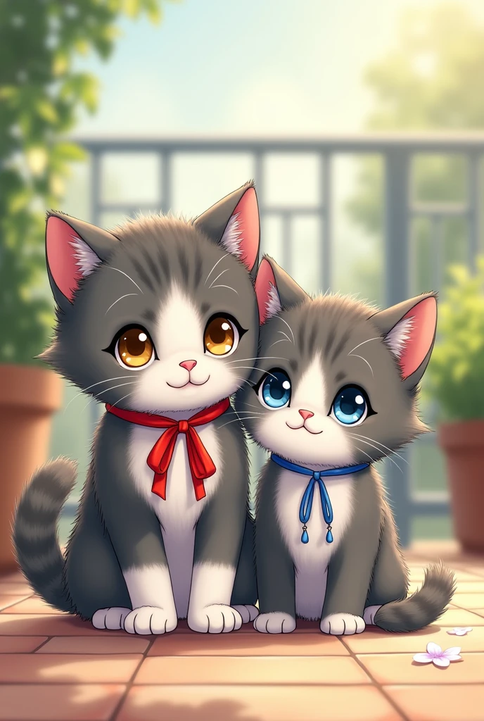 I want a drawing of two kittens with a patio background where they are standing next to each other, A kitten is gray with white paws and its hands are white but only its little fingers and the rest is gray on its neck a red ribbon and its face is gray with black with a white mole on its trunk and the rest is gray just that spot its belly is white and its back is gray, She has honey-colored eyes and her little sister is gray with a few black spots on her paws like the other kitten., gray belly and its red cord and blue eyes