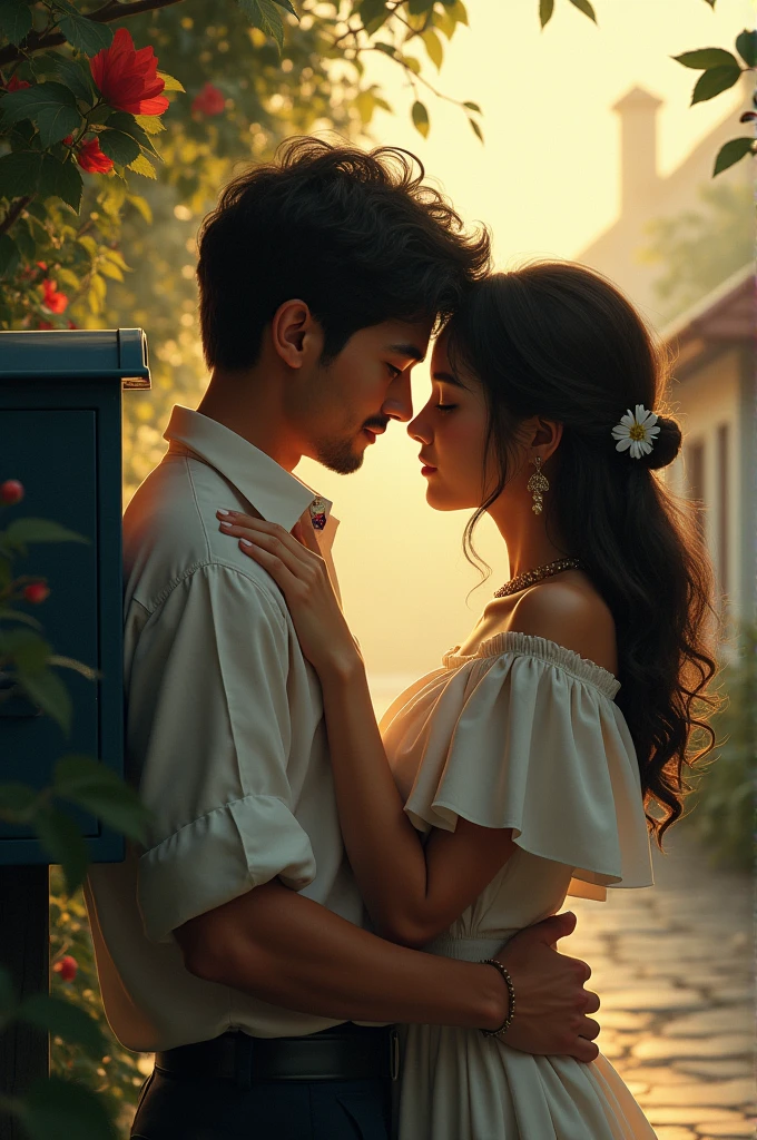 A picture where a man and a women post a latter on latter box with lot of emotions 
