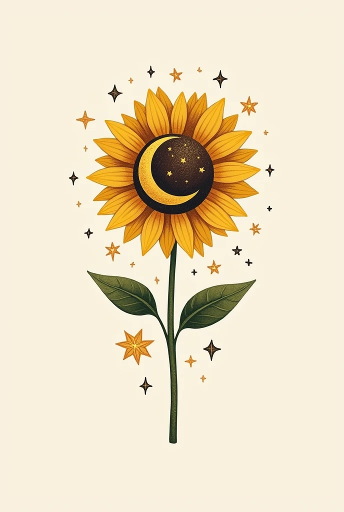 Simple one-line Tattoo of a sunflower with a crescent moon, 3 significant stars and other sparkly stars in the middle of the sunflower
