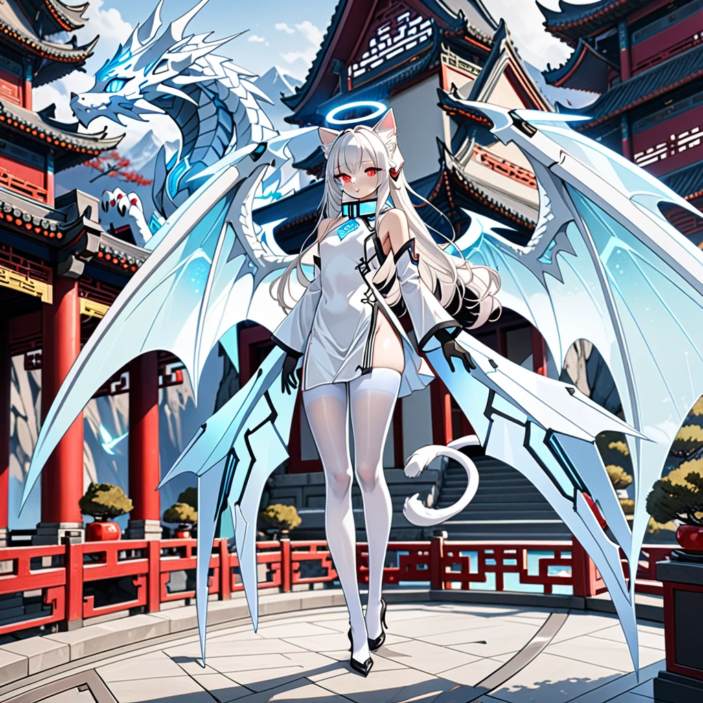 masterpiece, highest quality, highest resolution, clear_image, detailed details, white hair, long hair, 1 girl, cat ears, red eyes, futuristic halo, white sci-fi china dress, detached sleeves with black gloves, white scarf (around the neck withn a light blue glow), 12 white futuristic dragon wings, white pantyhose, full body, no water marks, no panties, in mountain villa