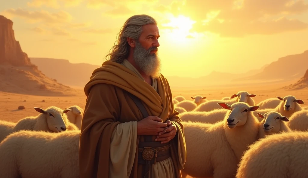 
Create an image that depicts Job, A stout-looking man, with traces of wisdom and dignity. He must be in a desert setting, surrounded by a flock of sheep and with an expression of serenity and determination. The sunlight should illuminate your face, highlighting his integrity and virtue. Ao fundo, a barren landscape symbolizes the trials he faces, as he stands firm, with a posture that reflects his unshakable faith in God. Elements such as an open Bible or a simple altar may be present., emphasizing their devotion and fear of God. The scene should convey a sense of peace and resilience in the face of adversity..