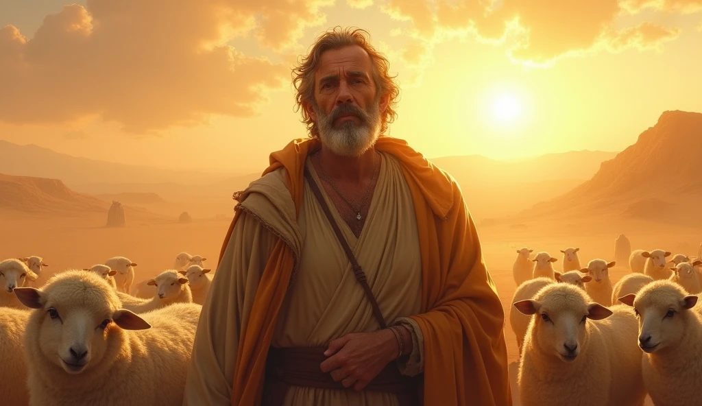 Create an image that depicts Job, A stout-looking man, with traces of wisdom and dignity. He must be in a desert setting, surrounded by a flock of sheep and with an expression of serenity and determination. The sunlight should illuminate your face, highlighting his integrity and virtue. Ao fundo, a barren landscape symbolizes the trials he faces, as he stands firm, with a posture that reflects his unshakable faith in God. Elements such as an open Bible or a simple altar may be present., emphasizing their devotion and fear of God. The scene should convey a sense of peace and resilience in the face of adversity..