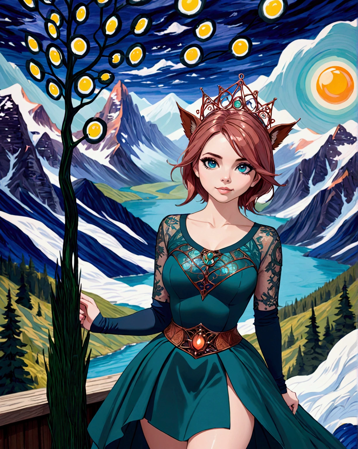 Steampunk Inspired Elven Princess. Copper Wire Necklaces & Bangles. Crown Of Fine Copper Wire. Copper Coloured Tatoos Cover Her Face And Body Intricate & Beautiful Designs. Hands On Hips. Ember Colored Eyes. Pure White Dress, Hemmed With Copper, Covered In Copper Lace & Filligree. Cppper Designs Cover The Skirt In A Kaleidoscope Of Copper Designs. Background Is Forrest. A Blend Of Ariel Winter & Alison Brie, Symmetrical Face Exudes Elegance &Grace. Cozy, Romantic Lighting. Cheerful Smile. Copper Hair That Shimmers And Sparkles In The Light. Hourglass Figure.