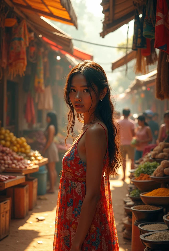 Filipina light skinned woman in a market