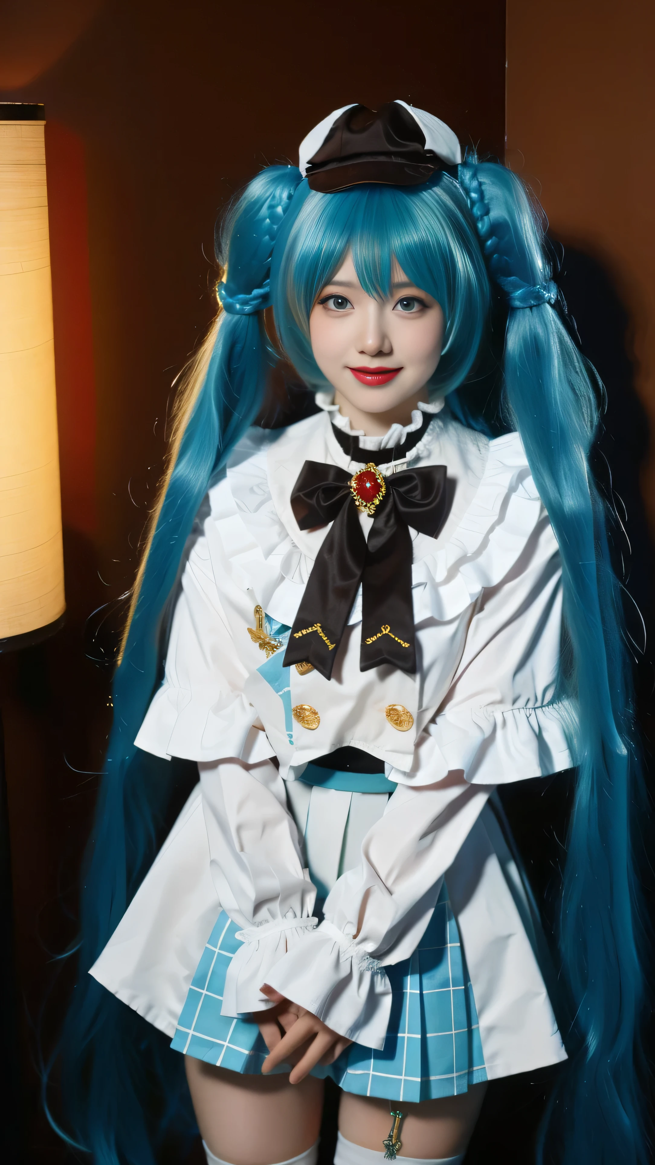 (best quality), (masterpiece), (Ultra-high resolution), (Clear face), (Reality: 1.4), (perfect lighting),(photorealistic:1.30), anime wallpaper, Guviz style artwork , fantasy cover up to magic , by Yang J, Guviz, beautiful artwork illustration, beautiful digital artwork, beautiful digital illustration, Li Song, beautiful anime portrait, art style at Beauvot,illustration, ethereal and beautiful, highly detailed, CG, unity, 8k wallpaper, Amazing, fine detail, official art, highly detailed CG unity 8k wallpaper,absurd, extremely absurd, large file size, highly detailed , high resolution, very detailed,beautiful girl with details, very detailed eyes and face, beautiful detailed eyes,light on the face,cinematic lighting, 1girl, solo, looking at viewer, smile, standing, full body, v arms, hatsune miku cosplay costume, hatsune miku, cosplay, aqua hair, twintails, very long hair, braid, capelet, long sleeves, skirt, pleated skirt, plaid, frills, bowtie, bow, hat, jewelry, brooch, thigh strap, pantyhose, white pantyhose, white boots, indoor, room, interior,