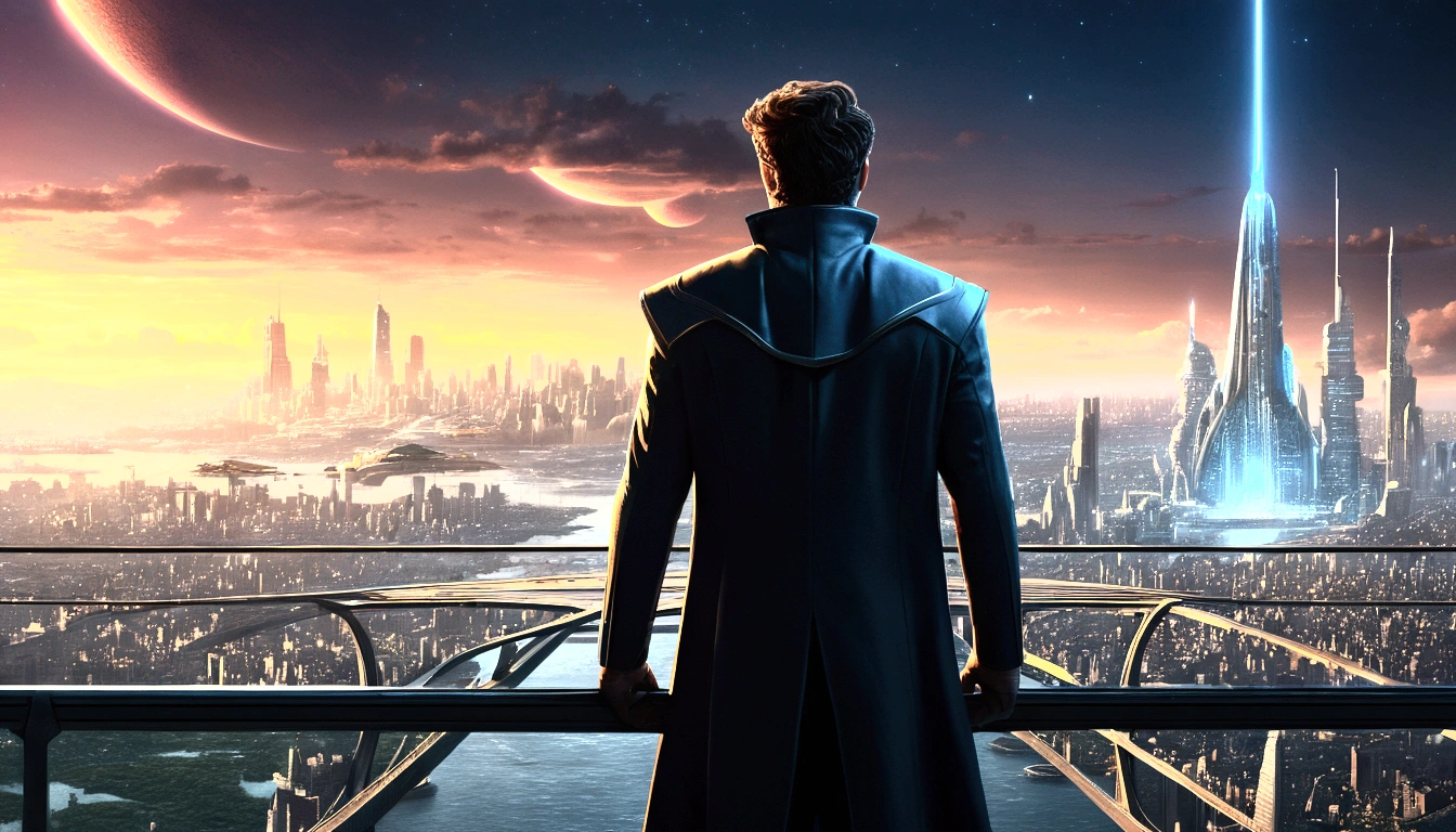 (8k unit wallpaper CG extremely detailed, masterpiece, best quality, ultra-detailed), (((solo)))), ((extremely wide shot:1.15)), a man on a bridge looking at a scifi city in the distance in the background, ((back view)), ((full body)), (high detail), (intricate details), intricate, magnificent scene, detailed environment, highly detailed environment, illustrator, (masterpiece).