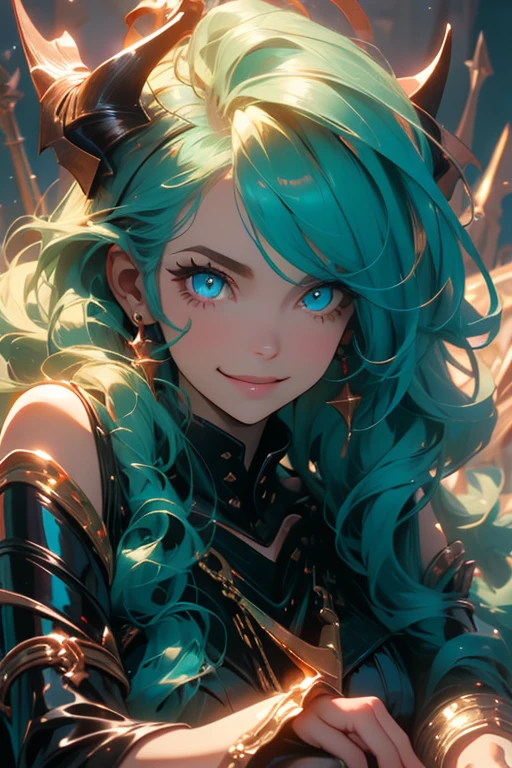 Perfect face. Perfect hands. A teal haired woman with golden eyes and an hourglass figure with golden horns in a golden gown is smiling while laying down in a landscape of brimstone