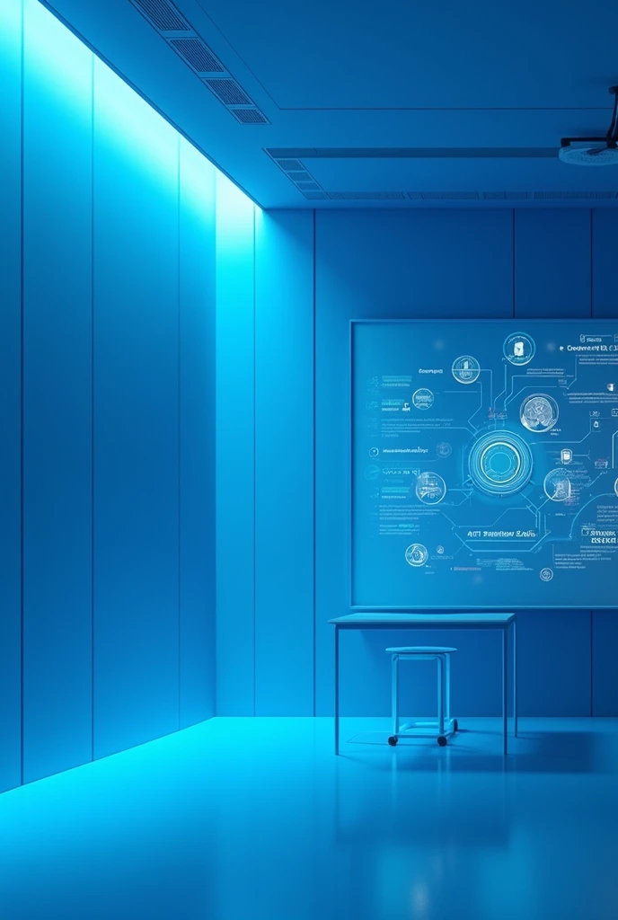 Futuristic classroom wall in blue tones without chairs or people 