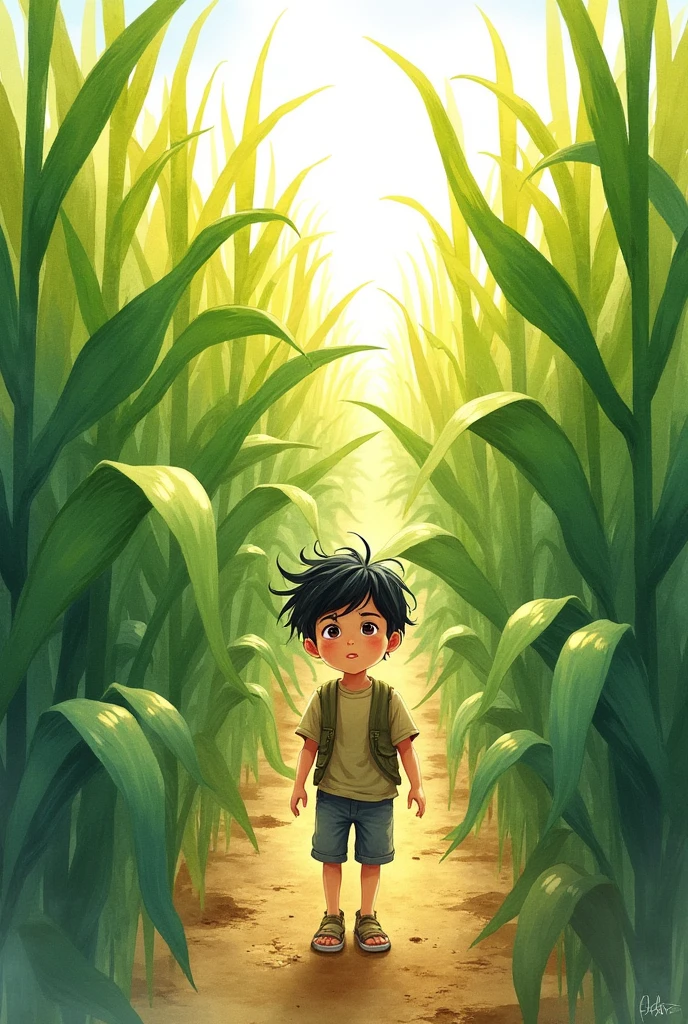 You could make a watercolor drawing for a story of a boy with dark hair, in the middle of a corn crop 