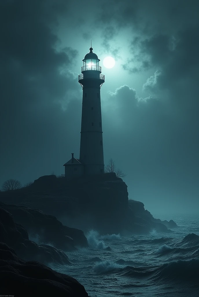 Create a cover with a lighthouse and that is scary and mysterious