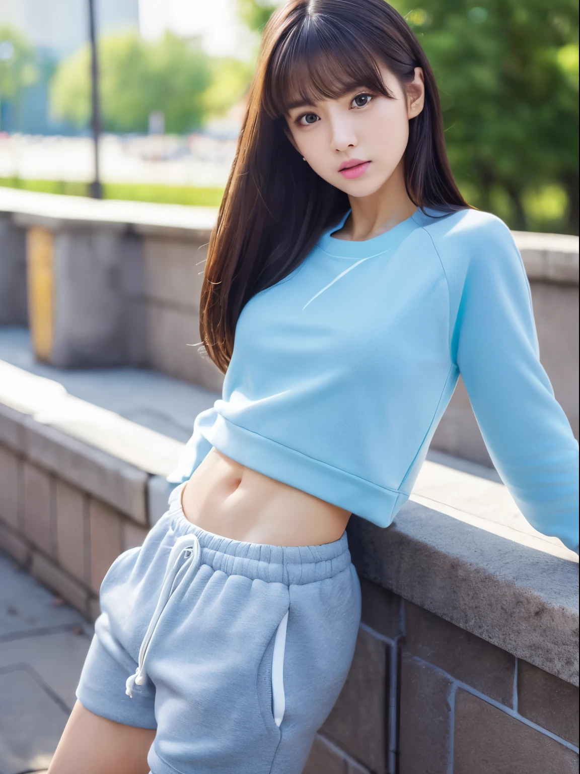 (8k, Top quality, Masterpiece:1.2), (Realistic, photo-realistic:1.37), Super detailed, perfect anatomy, cute, small eyes, 1, a Japanese, girl, sweat shorts, slim legs, outdoor,