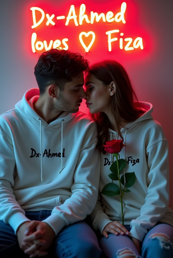 A 4K detailed portrait of a handsome man and a beautiful 30-year-old woman in white hoodies. "Dx-Ahmed" is on his hoodie, "Fiza" on hers. She holds a red rose while sitting, with a neon-lit wall behind them reading "Dx-Ahmed loves Fiza." The mood is romantic and serious.