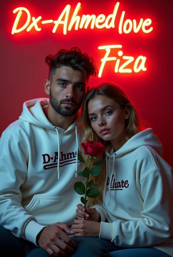 A 4K detailed portrait of a handsome man and a beautiful 30-year-old woman in white hoodies. "Dx-Ahmed" is on his hoodie, "Fiza" on hers. She holds a red rose while sitting, with a neon-lit wall behind them reading "Dx-Ahmed loves Fiza." The mood is romantic and serious.