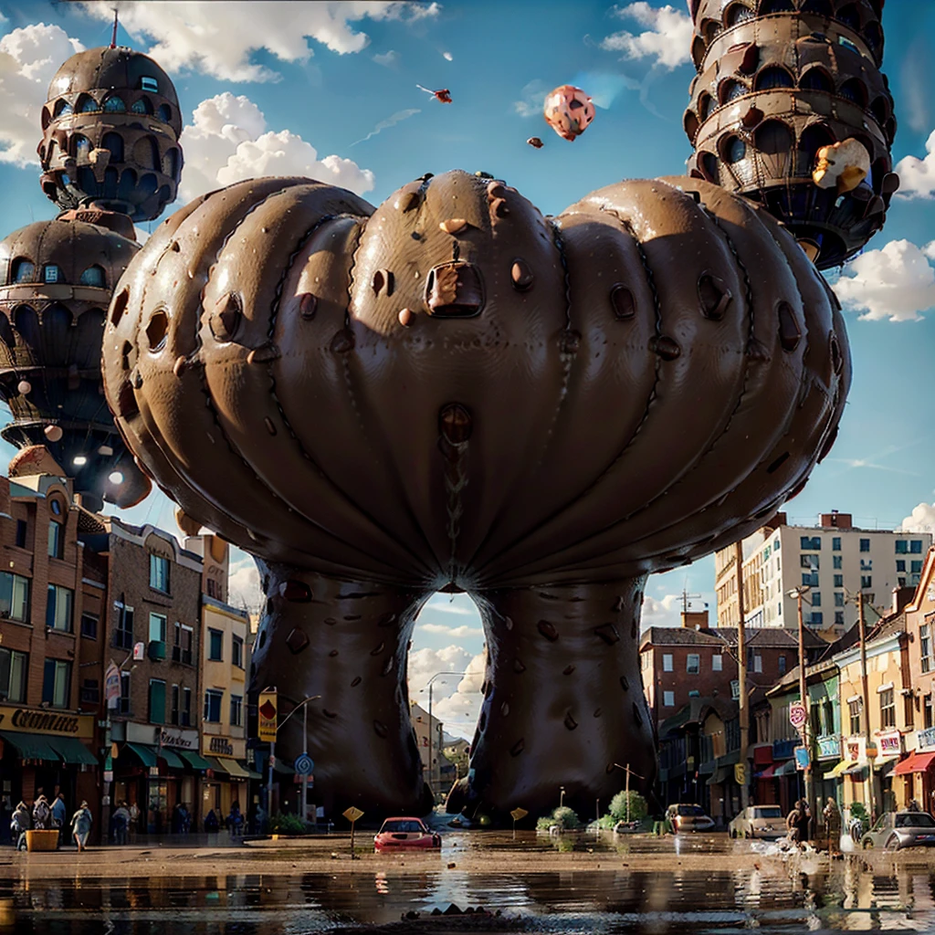 In a tiny town, in the middle of the town there are gigantic poop sausages and piles of poop. The gigantic poop towers over every building. The big, fat, plump poop sausage bubblegum inflates and towers over the whole town. Gigantic bubblegum poop bubbles are inflating in the small, tiny town. Gigantic poop is flooding the town. The gigantic poop flood is coming towards the tiny town. The poop is inflating to a gigantic size. The cockroach mountains are devouring the buildings in the town. The gigantic poop is swelling up to a gigantic size and towering over the whole world.