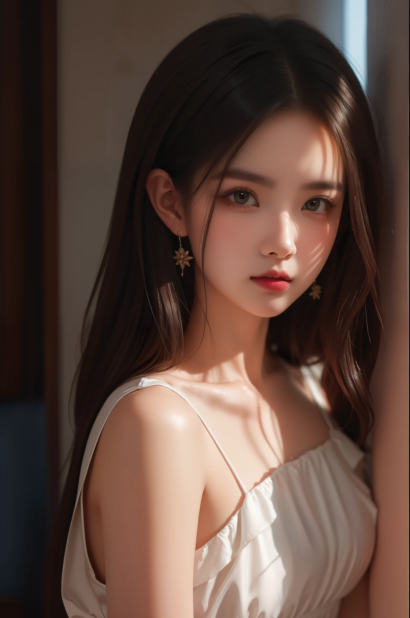 A 16k masterpiece, highest resolution, every detail, meticulousness, depth of field, bright colors, beautiful composition: a  girl with black hair and innocent eyes is so beautiful detailed, standing against a dark and ominous landscape. sexy silk dress outfit.