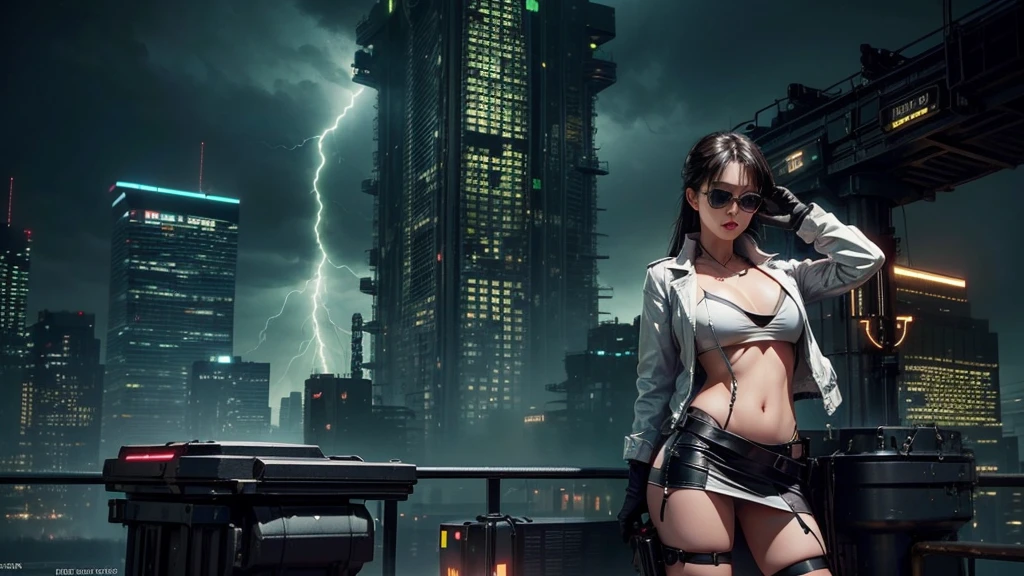 (Wide angle view). Matrix film inspired city, simple outlined neon tall buildings, glowing giant clock tower, lightning, close-up glowing matrix cascading code, 3D rendering Beeple. At night, (1girl, solo, alone), photorealistic, large- slim:0.6 body, oval:0.5 face, cleavaminiskirt, deep-v, ((upskirt)), glotrix style black micro sunglasses), ((aiming viewer with a short gun)), (half-body thigh level close-up shot), cinematic lighting, ray tracing.