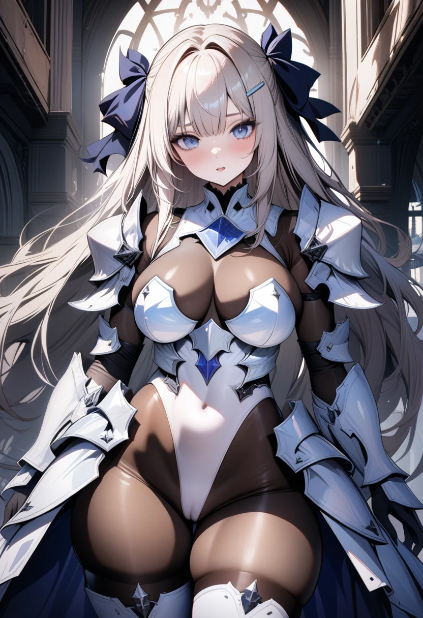 ((UHD)),((masterpiece)),((8k)),((solo)),1girl,Azur Lane,Fantasy art, ((white paladin armor)),(Skin-tight Investigator Bodystocking),((HIGHLEG LEOTARD:1.3)),(Armored Dress:1.3),(pauldron), ((gothic princess dress)), (pantyhose), (body stockings), CAMEL TOE, platinum blonde long hair,barrette,hair ribbon,large breasts,Perfect and beautiful blue eyes,curvy,Thigh-high sock,perfect face,accurate,high quality,extremely detailed,cowboy shot,anatomically correct,