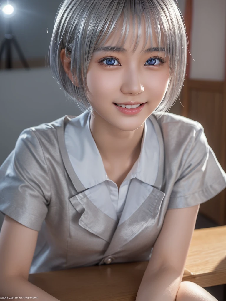 NSFW,(a ultra cute beautiful Japanese girl wearing highschool uniform:1.5),(charming smile:1.25),large clear light blue eyes,droppy eyes,balanced eyes,transparent white skin,(silver short hair:1.5),photorealistic, 8k, ultra-detailed, masterpiece, realistic, vivid colors, beautiful detailed eyes, beautiful detailed lips, extremely detailed face, intricate details, hyper realistic, cinematic lighting, dramatic shadows, stunning composition, intense atmosphere, highly detailed skin, exquisite facial features, volumetric lighting, raytraced global illumination, physically-based rendering, professional digital art,high resolution fix,(sexual climax:1.25)