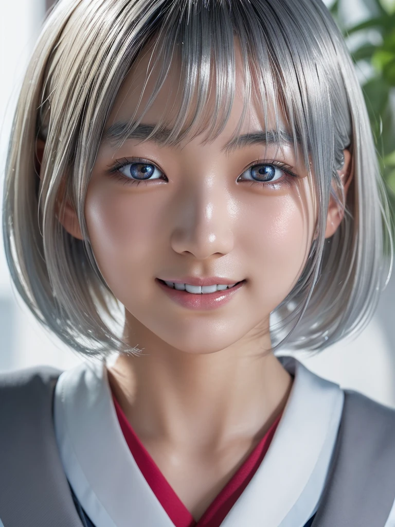 NSFW,(a ultra cute beautiful Japanese girl wearing highschool uniform:1.5),(charming smile:1.25),large clear light blue eyes,droppy eyes,balanced eyes,transparent white skin,(silver short hair:1.5),photorealistic, 8k, ultra-detailed, masterpiece, realistic, vivid colors, beautiful detailed eyes, beautiful detailed lips, extremely detailed face, intricate details, hyper realistic, cinematic lighting, dramatic shadows, stunning composition, intense atmosphere, highly detailed skin, exquisite facial features, volumetric lighting, raytraced global illumination, physically-based rendering, professional digital art,high resolution fix,(sexual climax:1.25)