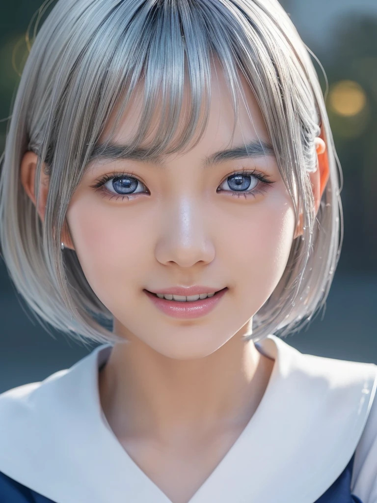 NSFW,(a ultra cute beautiful Japanese girl wearing highschool uniform:1.5),(charming smile:1.25),large clear light blue eyes,droppy eyes,balanced eyes,transparent white skin,(silver short hair:1.5),photorealistic, 8k, ultra-detailed, masterpiece, realistic, vivid colors, beautiful detailed eyes, beautiful detailed lips, extremely detailed face, intricate details, hyper realistic, cinematic lighting, dramatic shadows, stunning composition, intense atmosphere, highly detailed skin, exquisite facial features, volumetric lighting, raytraced global illumination, physically-based rendering, professional digital art,high resolution fix,(sexual climax:1.25)