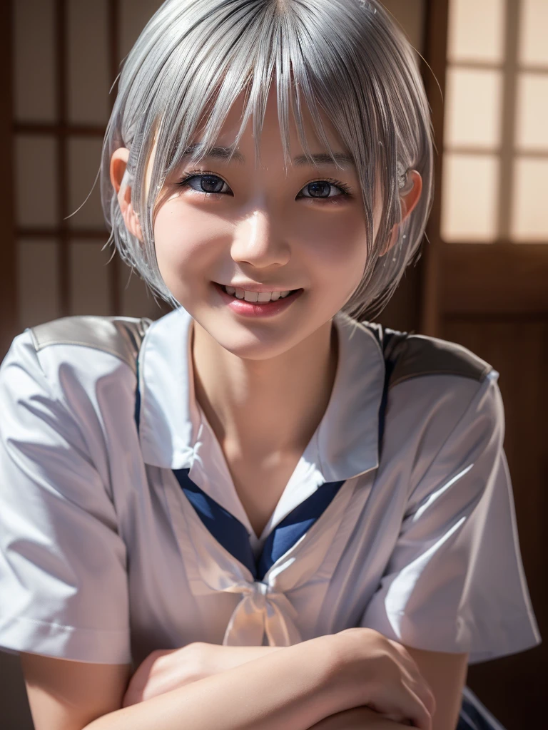 NSFW,(a ultra cute beautiful Japanese girl wearing highschool uniform:1.5),(charming smile:1.25),large clear light blue eyes,droppy eyes,balanced eyes,transparent white skin,(silver short hair:1.5),photorealistic, 8k, ultra-detailed, masterpiece, realistic, vivid colors, beautiful detailed eyes, beautiful detailed lips, extremely detailed face, intricate details, hyper realistic, cinematic lighting, dramatic shadows, stunning composition, intense atmosphere, highly detailed skin, exquisite facial features, volumetric lighting, raytraced global illumination, physically-based rendering, professional digital art,high resolution fix,(sexual climax:1.25)