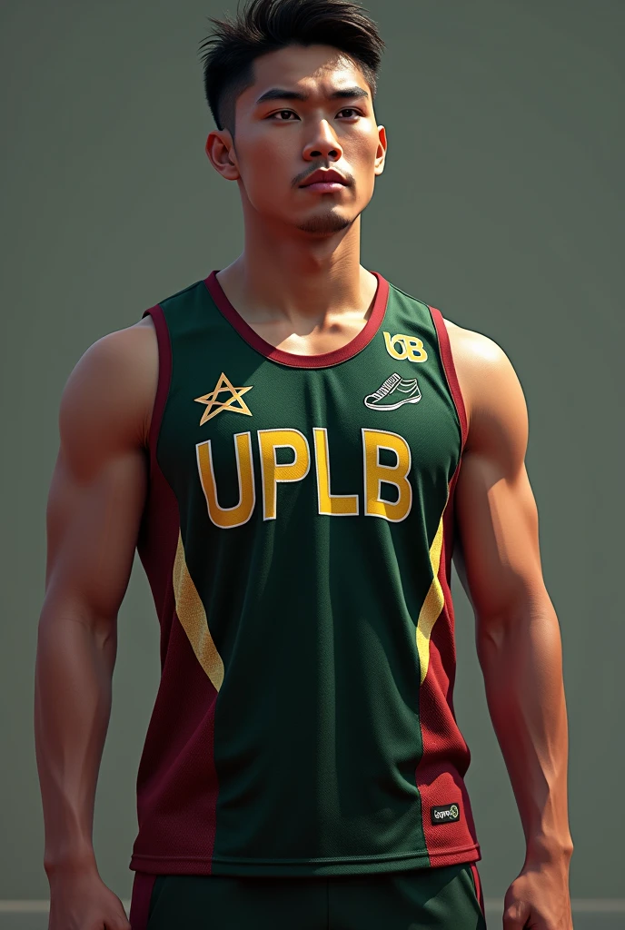 create a track and field jersey that has the letters UPLB with the main color as dark green and maroon, make it sleeveless and put more elements that represents track and field in it