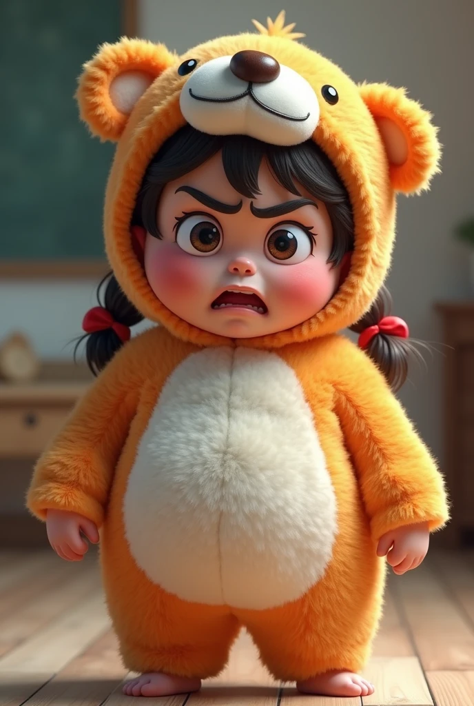 (girl),(()) ,3d images ,Highest quality 8K ,Chubby body shape,((Very fat)),Pink cheeks,podgy,Bad mood,((Very angry)),((furious)),Put on a stuffed animal costume,Balanced lighting,blurred background,Middle of the picture