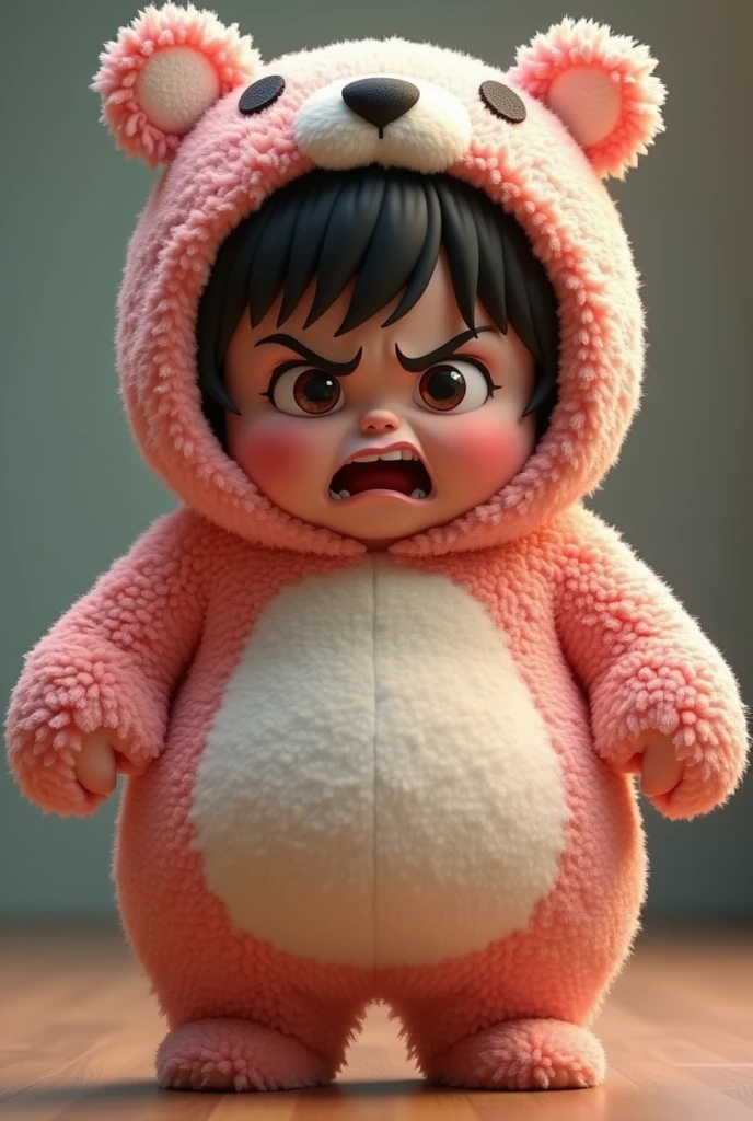 (girl),(()) ,3d images ,Highest quality 8K ,Chubby body shape,((Very fat)),Pink cheeks,podgy,Bad mood,((Very angry)),((furious)),Put on a stuffed animal costume,Balanced lighting,blurred background,Middle of the picture
