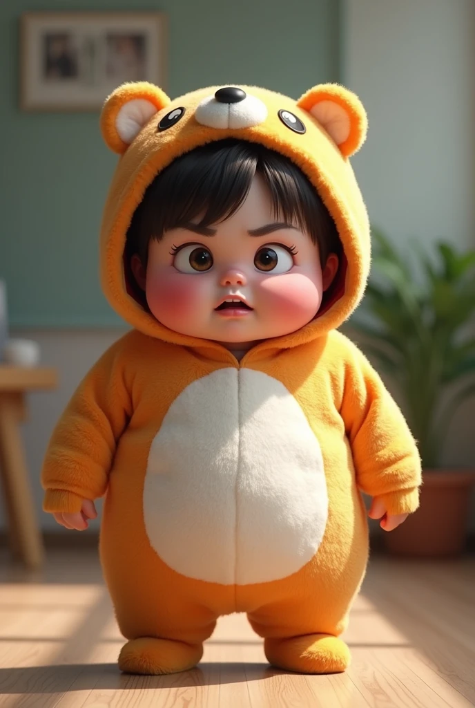 (girl),(()) ,3d images ,Highest quality 8K ,Chubby body shape,((Very fat)),Pink cheeks,podgy,Bad mood,((Very angry)),((furious)),Put on a stuffed animal costume,Balanced lighting,blurred background,Middle of the picture