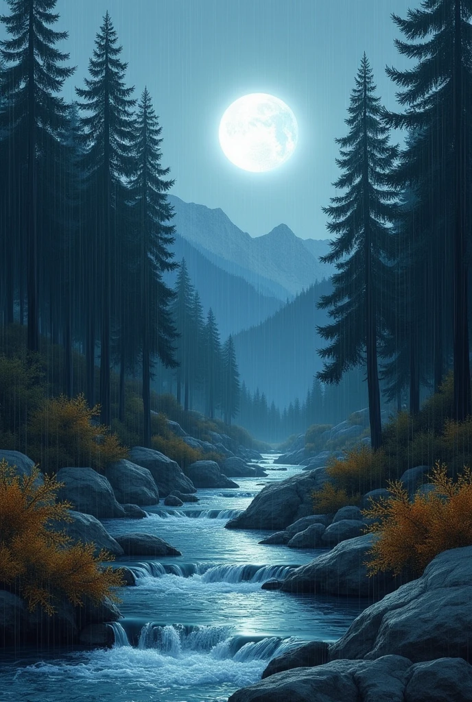 After the new rain in the empty mountain，The weather is late for autumn。
Bright moon among pine trees，Clear spring stone upstream。
