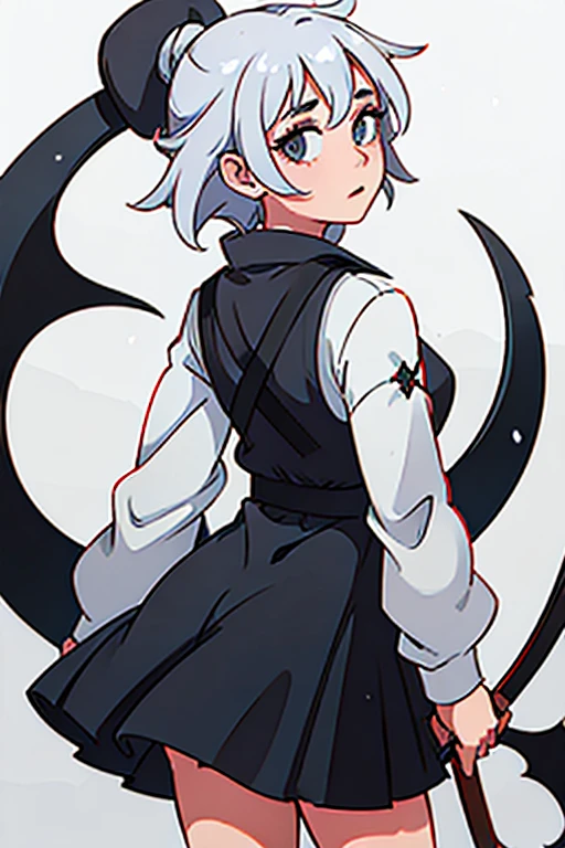 Girl with her back turned holding a scythe
