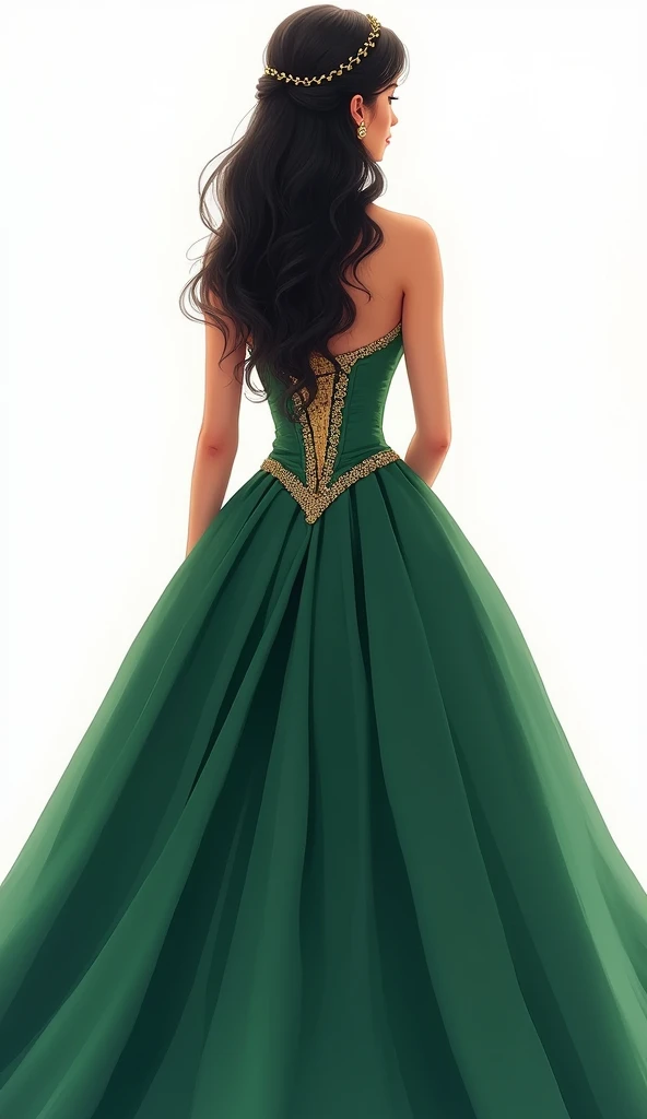 make me, on white background, an elegant illustration that demonstrates high royalty and society, of a fifteen-year-old girl with her back turned. She wears an emerald green dress with gold detailing on the top of the corset and along the dress.. The dress has a majestic and wide design of high quality and prestige., typical of quinceanera dresses, with a texture that reflects the richness of the material and social status. The young woman has long black hair, hairstyle in soft waves that fall down her back. A golden hook, which adds a sophisticated touch, holds part of her hair.