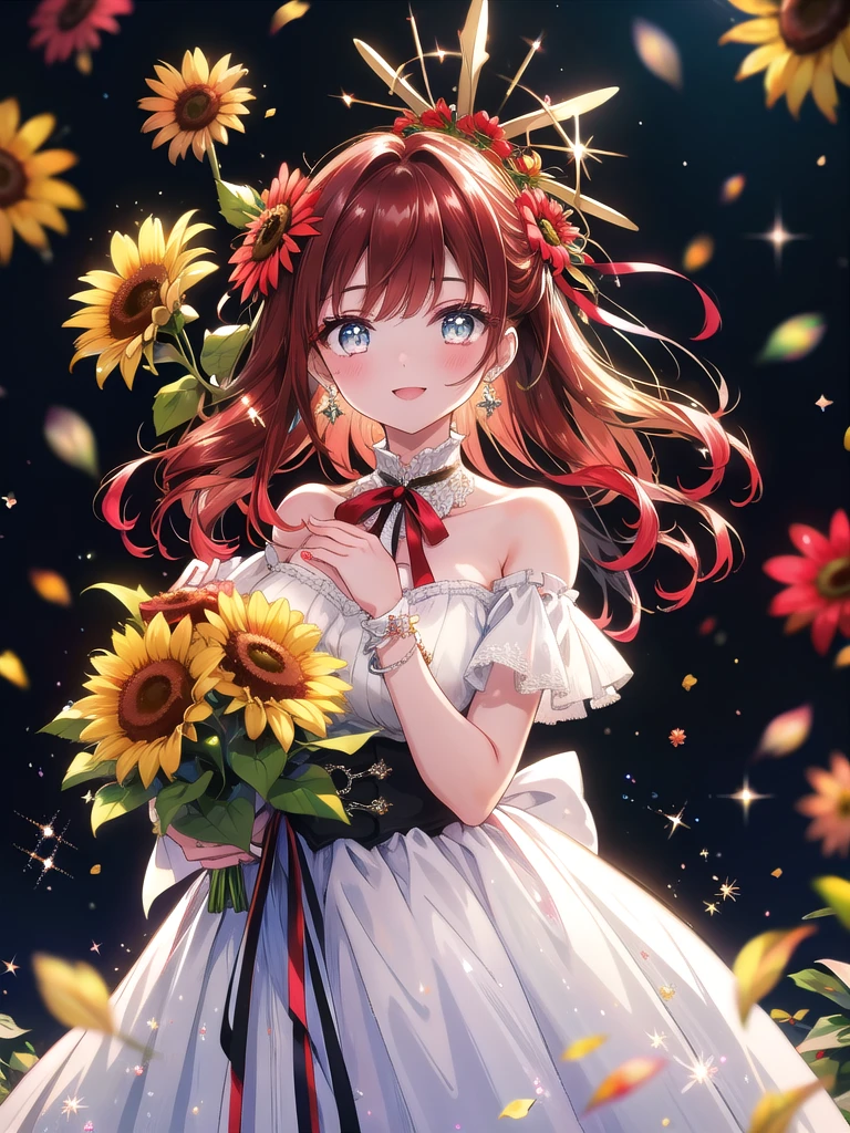 ((8k, Highest quality, masterpiece: 1.3)),Ultra-high resolution,(1 girl, alone), (Color changing eyes, Ultra-detailed, Expressive brilliance, Glitter, Glowing Eyes), Highly detailed eyes, Highly detailed face, Random Hair, ((pastel colour))Visualize a joyful woman standing in a beautifully decorated outdoor patio filled with blooming flowers and twinkling fairy lights. She’s holding an extravagant bouquet of vibrant sunflowers, red gerbera daisies, and eucalyptus leaves, wrapped in a chic black-and-white striped fabric with a bold red ribbon. The bouquet is impressively full, with blossoms spilling out abundantly, capturing attention instantly. Her shoulder-length chestnut hair is styled in loose waves, and she’s dressed in a stylish, off-shoulder white top that accentuates her graceful neckline. She leans forward slightly, her eyes bright and twinkling with joy, and her smile is wide, showing pure delight as she extends the bouquet forward, ready to share her heartfelt congratulations. The background is a blur of colorful flowers and soft lights, with light sparkles adding a touch of magic and emphasizing the festive mood.