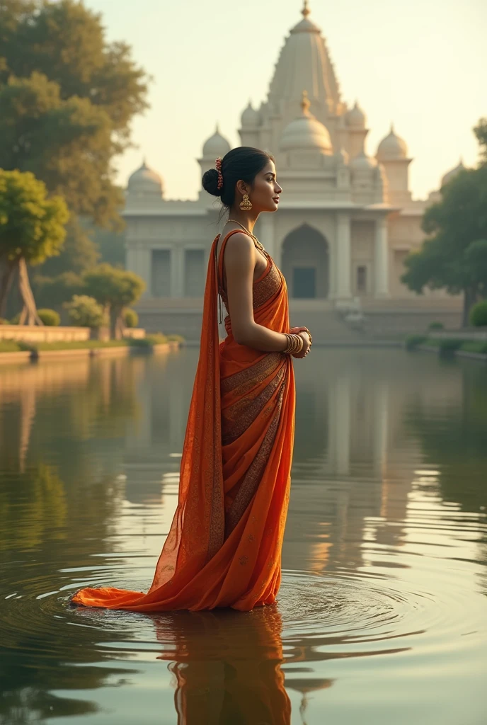Beautiful Indian girl standing in pond and in background there is temple