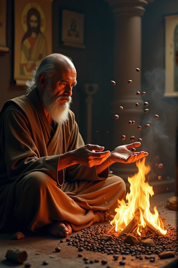Monk throwing coffee berries into the fire