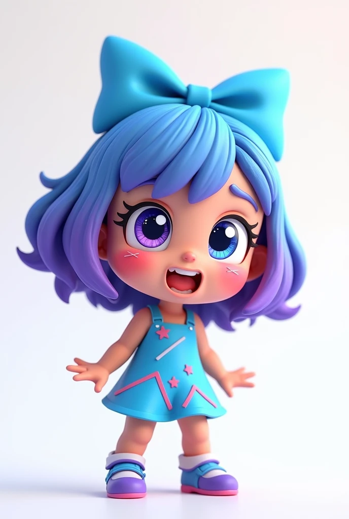 A C4D model, a chibi-style girl with cheerful blue and anxious purple hair, inspired by both Joy and Fear. She wears a bright blue dress with playful zigzag patterns. The girl has sparkling blue eyes and wide purple eyes, accessorized with a blue bow and matching purple shoes.