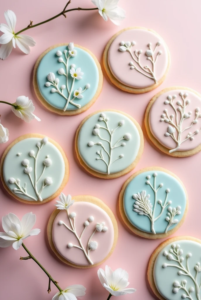 Icing Cookies、pastel、Botanical、Artistic, Very detailed, 8 pieces、From above、pink、masterpiece, calligraphy、Round