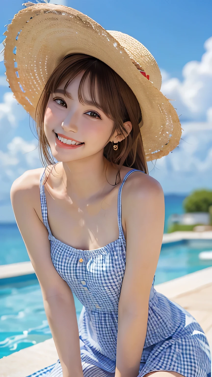 (Highest quality, taken with a DSLR, 8k, top quality, high resolution, highest quality, highest resolution, very beautiful woman, perfect anatomy), light brown eyes, very light brown eyes, small diamond-shaped earrings, looking at the camera, beautiful brown hair, ((baby face, loose and cute medium ponytail)), very short and beautiful bangs with brown hair, E-cup chest, beautiful 20-year-old, lip gloss, smiling very happily, very cute smile, upper teeth, beautiful teeth, (random summer beautiful sea or pool horizon (background only), slightly larger eyes, small face, tall supermodel, beautifully toned model, random cute poses, dynamic angle, eye focus, head tilt, very detailed and realistic, very beautiful 20-year-old, ((medium shot)), sharp jawline, ((white gingham check dress, straw hat)), deep waist, sexy legs, side view, smiling very happily, laughing, summer day
