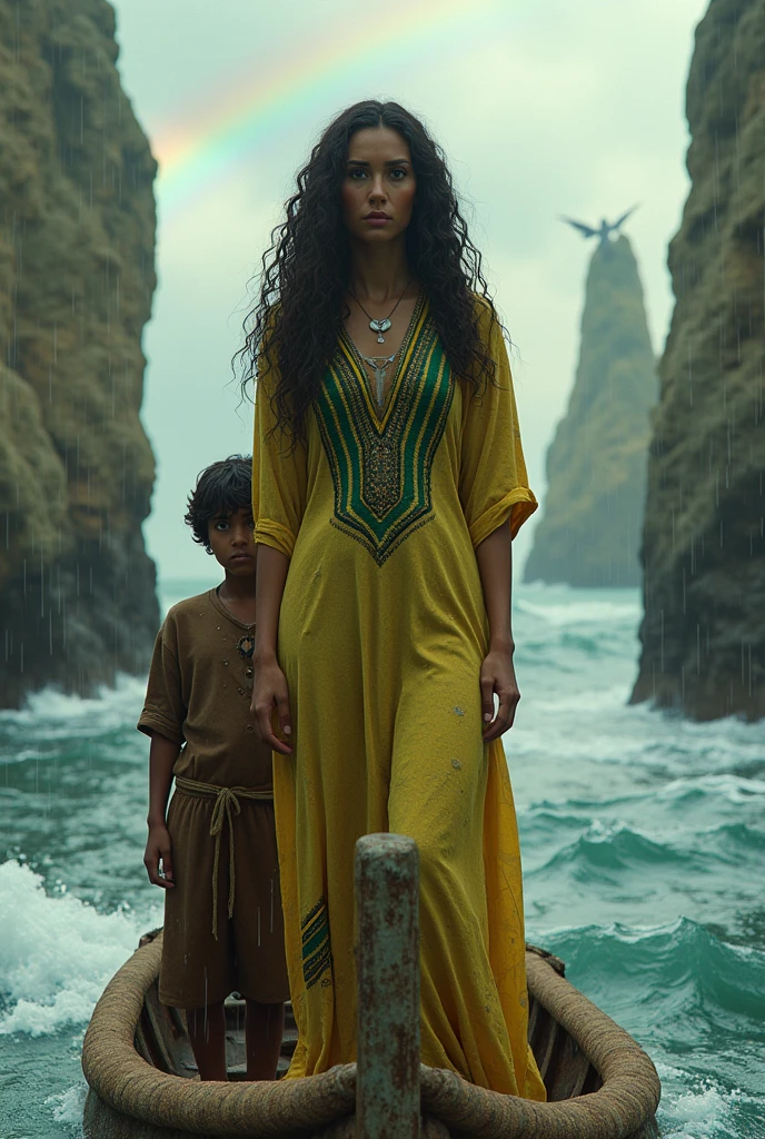 (photorealism:1.2), beautiful woman, standing on small ship on the ocean , wearing an Ethiopian woolen dress, slightly dirty, green yellow and strip on top,long curly hair, outdoor , natural lighting, rocks in background, rain bow and an Angeles shown from far, ber boy sitting next to her fearful, by Greg Rutkowski, by Alphonse Mucha