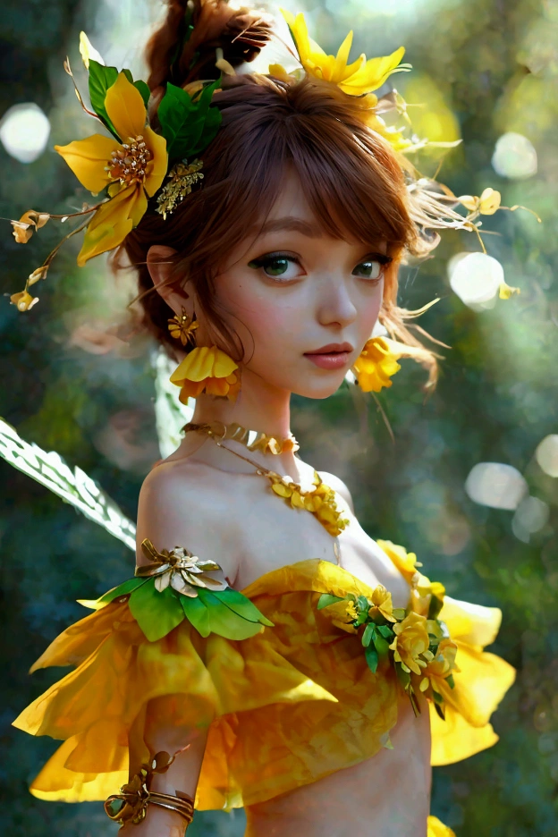 Flora's from winx club,beautiful with brown hair and a flower in her hair,magical fairy of nature, civilian outfit is a bright yellowish-green off-the-shoulder smock top with puffy short sleeves that bares her midriff and belly, a pink wrap miniskirt with little slits on both sides, and with strawberry patterns of a darker shade with a thin yellow belt that hangs midway down the skirt, and pink platform sandals with fuchsia-colored flowers by her ankles. As for accessories, she wears wide golden hoop earrings and two sets of yellow bangle bracelets on each wrist (in some occasions, she wears two purple bangles and a yellow-green set too).