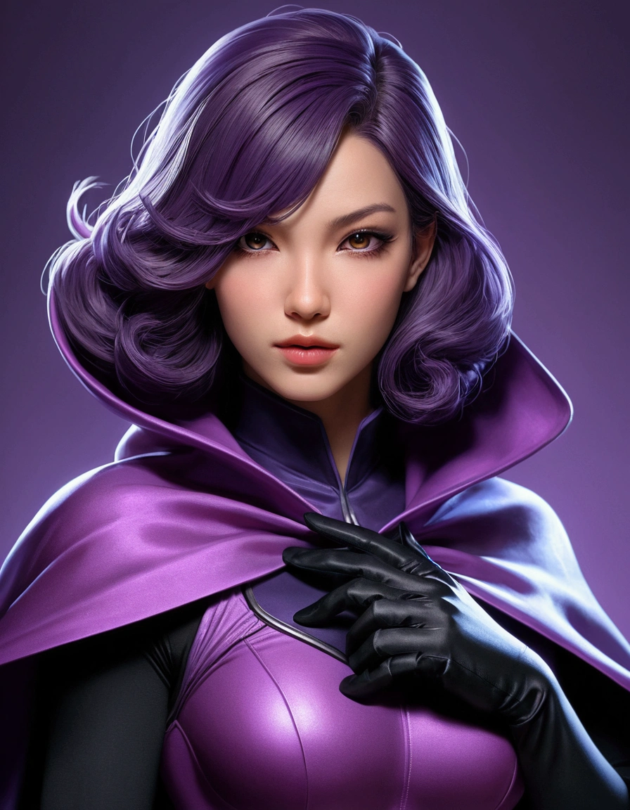 a woman in a purple outfit with a purple cape and black gloves, extremely detailed artgerm, artgerm detailed, ig model | artgerm, style artgerm, as seen on artgerm, artgerm style, artgerm lau, ! dream artgerm, trending artgerm, from league of legends, artgerm art