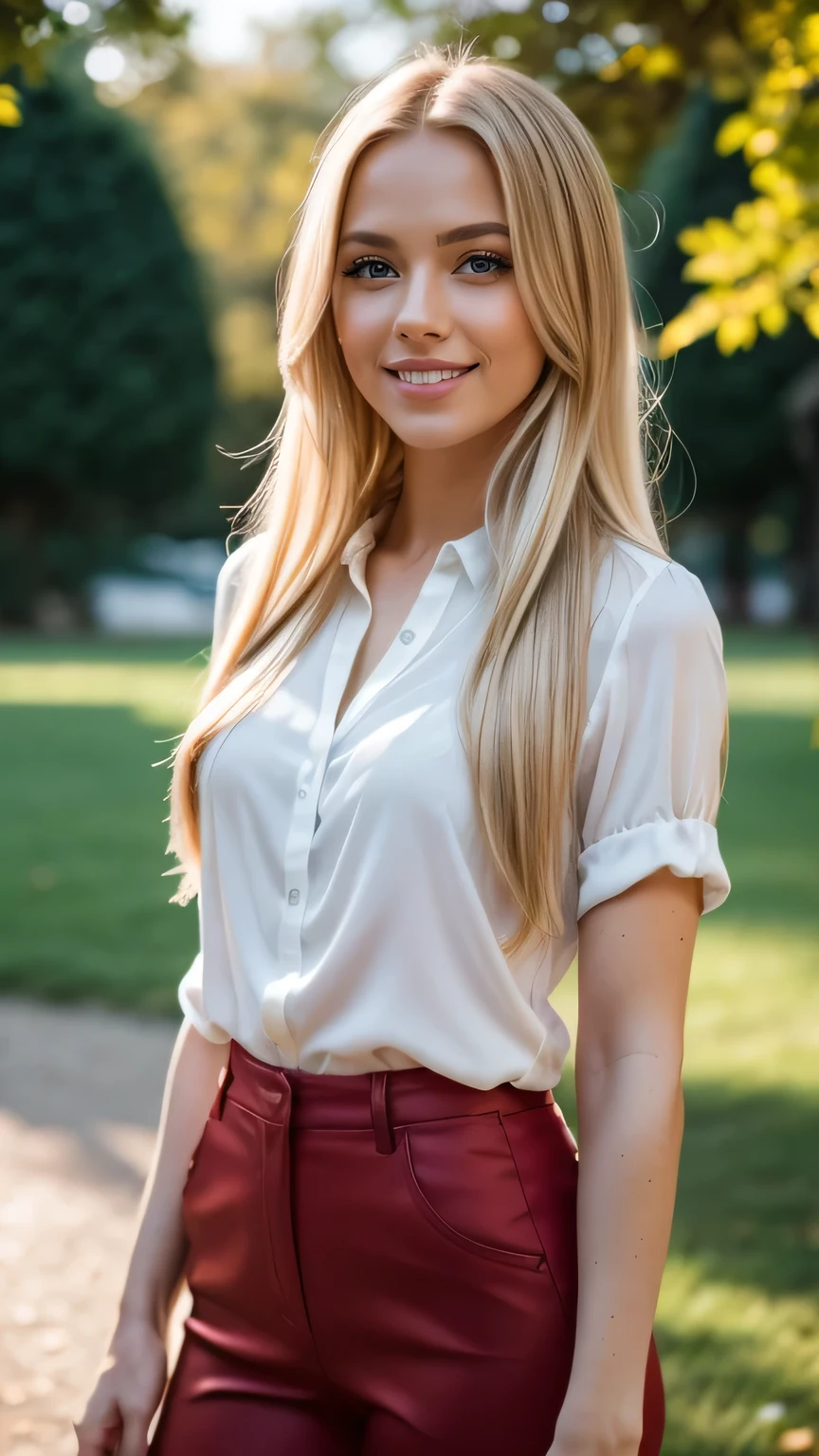 Realistic full body photo of a smiling, Young blonde woman with long hair, She dances in front of the camera in a colored silk blouse with tight pants...., Park,glamour fotoshooting, Park, perfect anatomy, perfect blue eyes. Perfect hands with 5 fingers on each hand, Matching girl, looking at the camera, 1 Frau. (Eye make up:1.1), (highly detailed skin:1.1), spirit, analog style, keen focus, 8K  UHD, dslr, good quality, Fujifilm XT3, Grain, Award-winning, ​masterpiece. Park