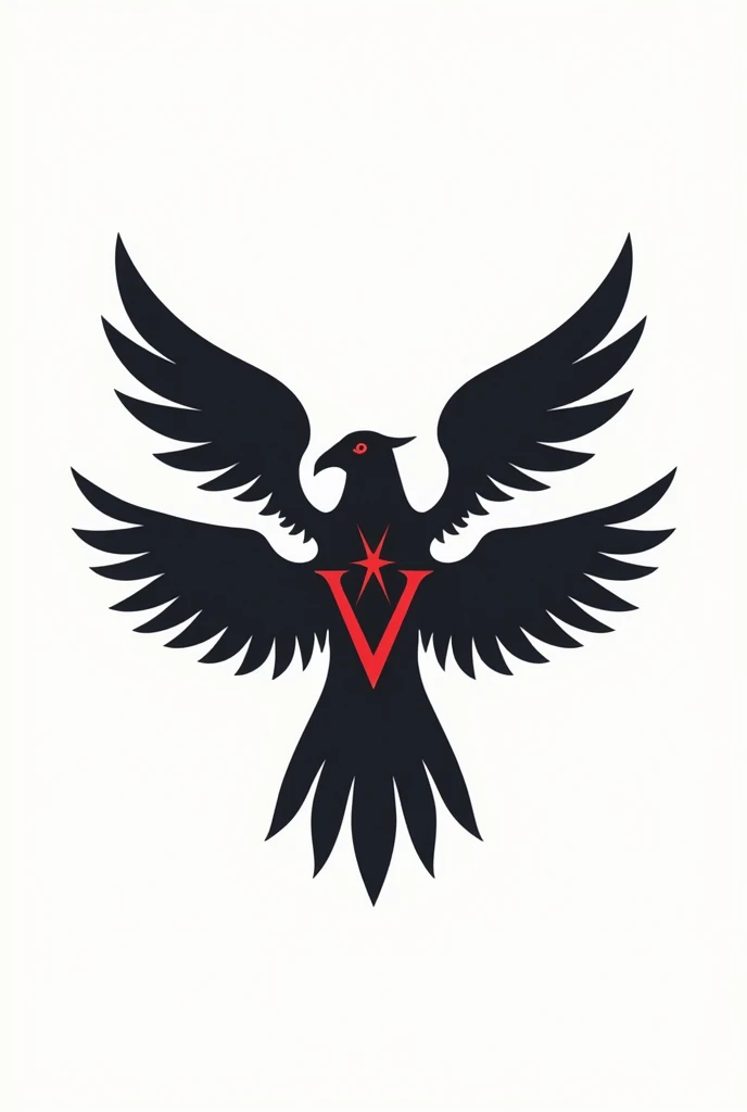 logotype, Crow Drawing , open wings, ancient egypt style, white background, , Red Roman letter V on chest, simple modern color, fully body